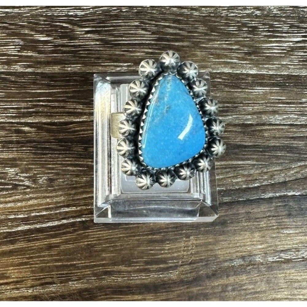 Native Southwest Style Sterling Silver Morenci Turquoise Star Edge Ring 6.5 Adj